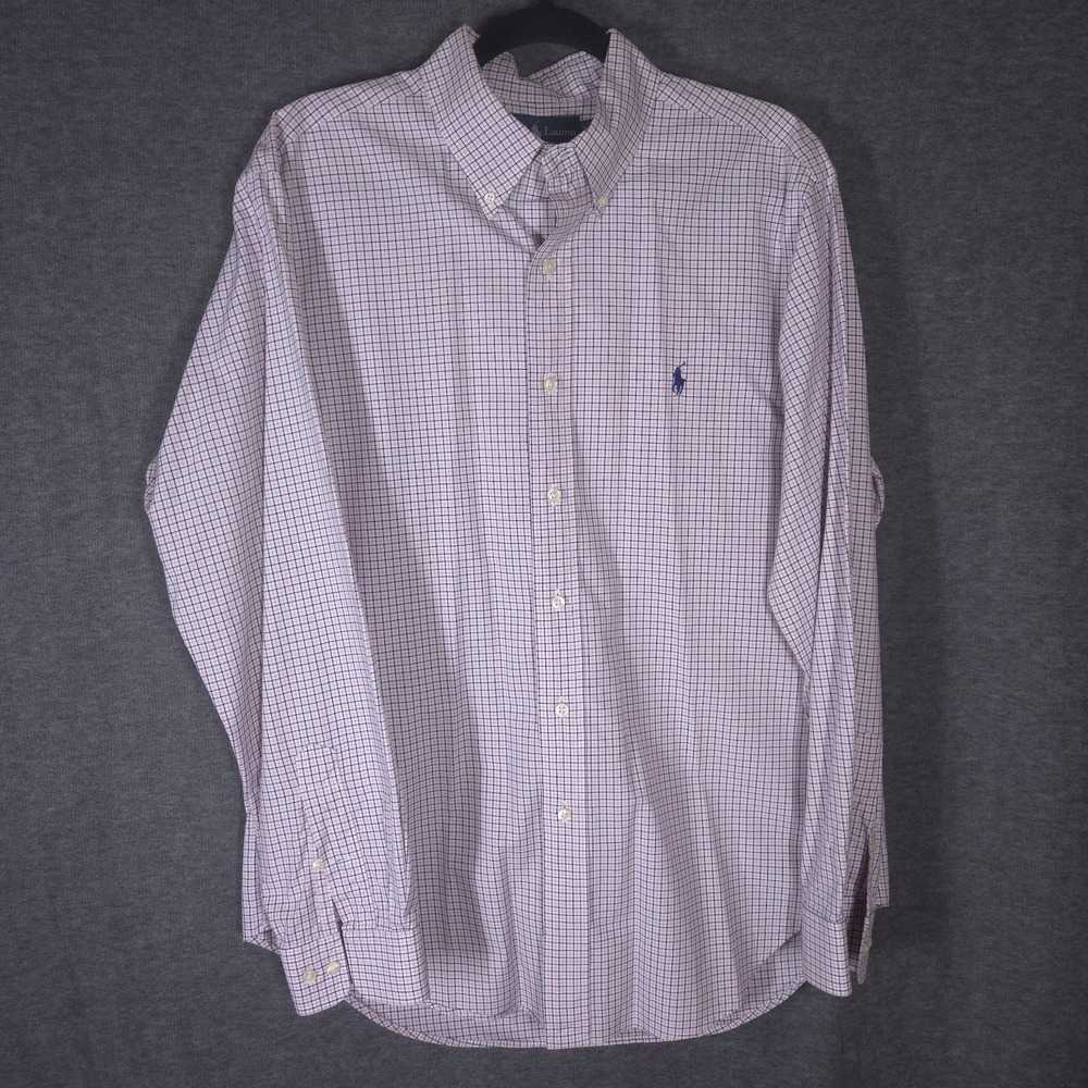 Ralph Lauren Classic Fit Button Down Shirt Mens Size 16 34/35 Pink Blue Cotton